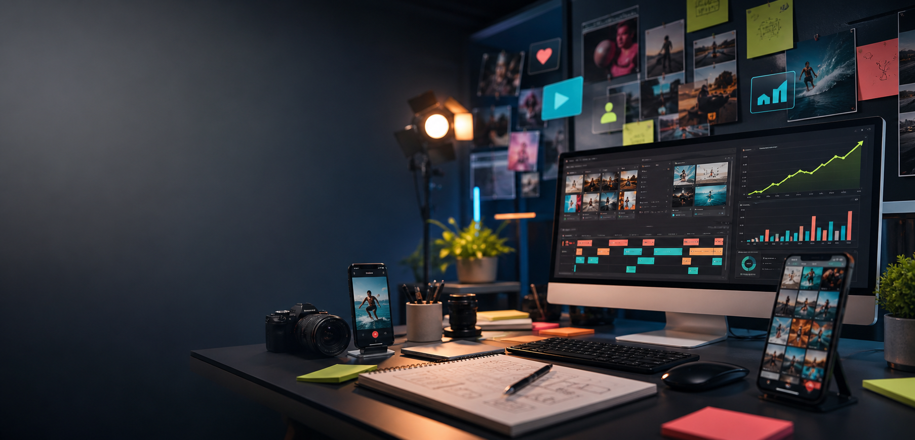 Creator marketing workspace with planning boards, video tools, and analytics dashboards